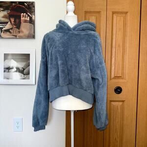 GapBody Recycled Sherpa Hoodie Women XL Sky Blue Cropped Long Sleeves Banded Hem